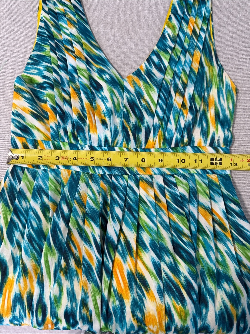 Runway Couture Sleeveless Teal & Yellow Printed V-Neck Dress SZS - Picture 9 of 15